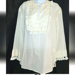 Tory Burch Ivory Cotton Boho Tunic w/Shells,Tassels & Embroidery Sz.XS Ret $225